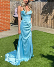 Sky Blue Pleated Slim Fitted Satin Slit Prom Dresses
