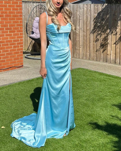Sky Blue Pleated Slim Fitted Satin Slit Prom Dresses