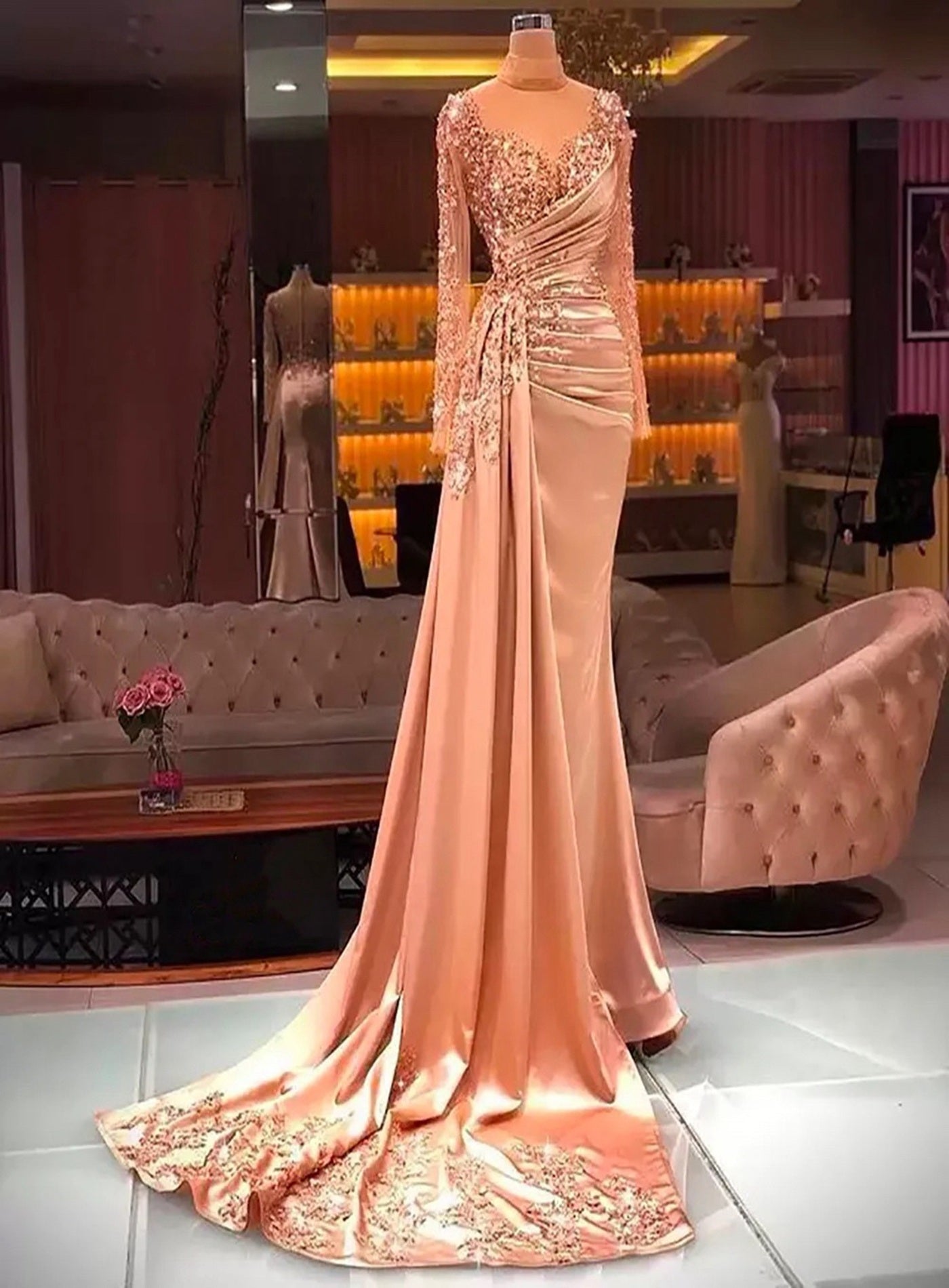 High-Necked Rose Gold Mermaid Long-Sleeved Satin Prom Dress Main image