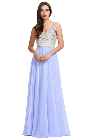 Ivory-Ice Blue Low-Back Beaded V-Neck Chiffon A-Line Prom Dress