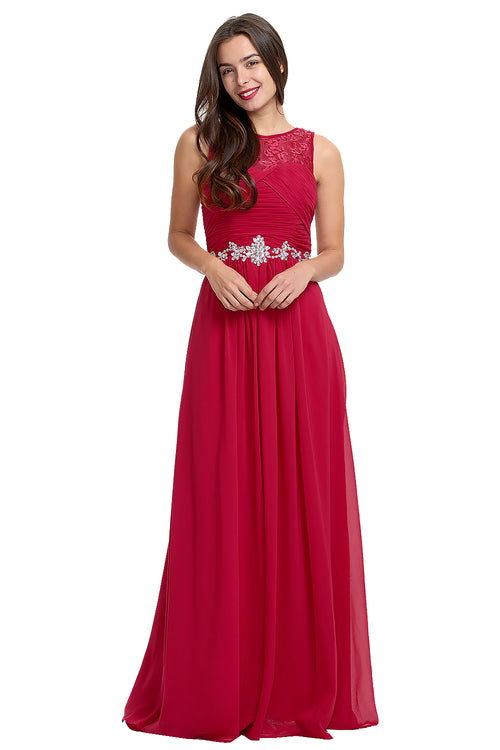Ruby Red Ruched Chiffon A-Line Evening Dress with Illusion Neckline