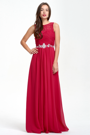 Ruby Red Ruched Chiffon A-Line Evening Dress with Illusion Neckline