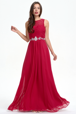 Ruby Red Ruched Chiffon A-Line Evening Dress with Illusion Neckline