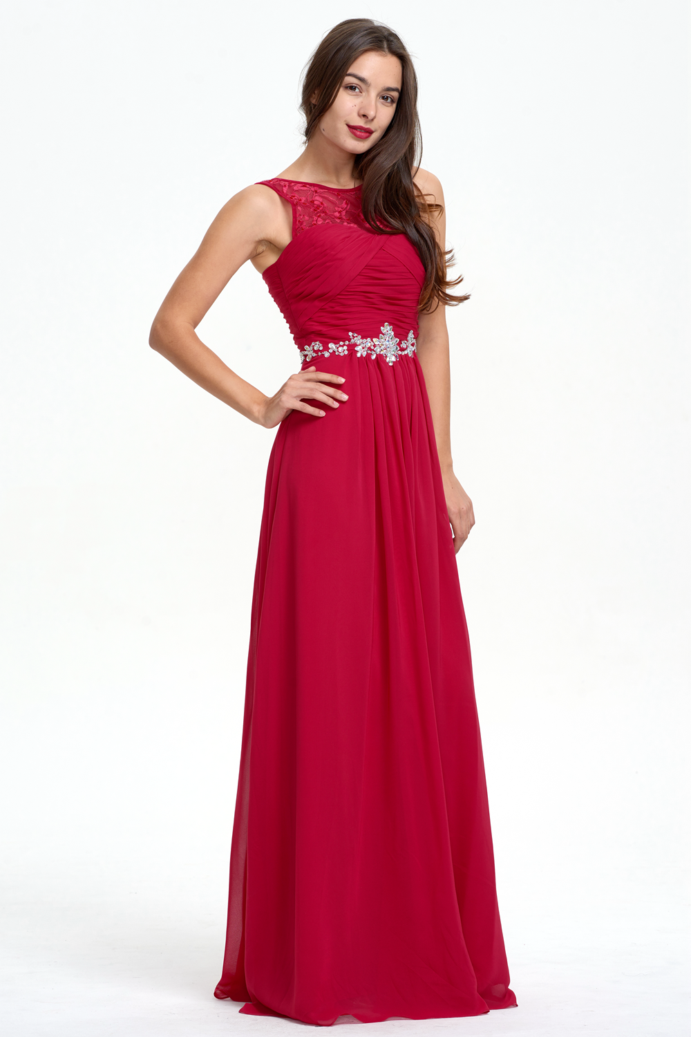 Ruched Chiffon A-Line Evening Dress with Illusion Neckline