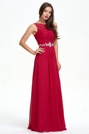 Ruby Red Ruched Chiffon A-Line Evening Dress with Illusion Neckline