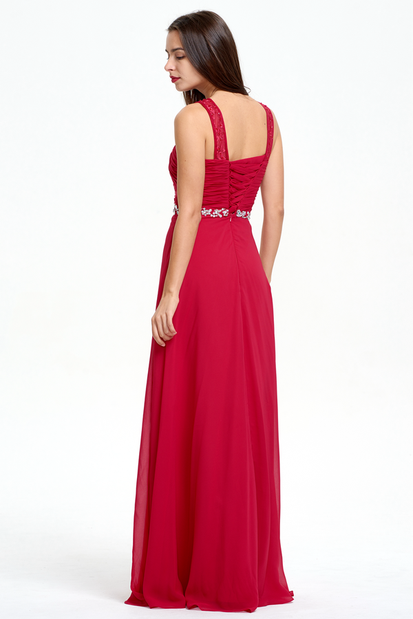 Ruby Red Ruched Chiffon A-Line Evening Dress with Illusion Neckline
