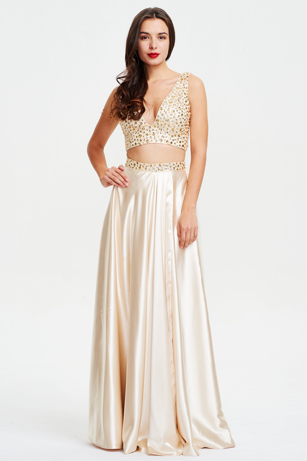 Two-Piece Beaded Stretch Satin A-Line Prom Dress with Slit