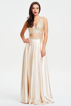A-Line V-Neck Sleeveless Two Piece Slit Satin Long Prom Dresses