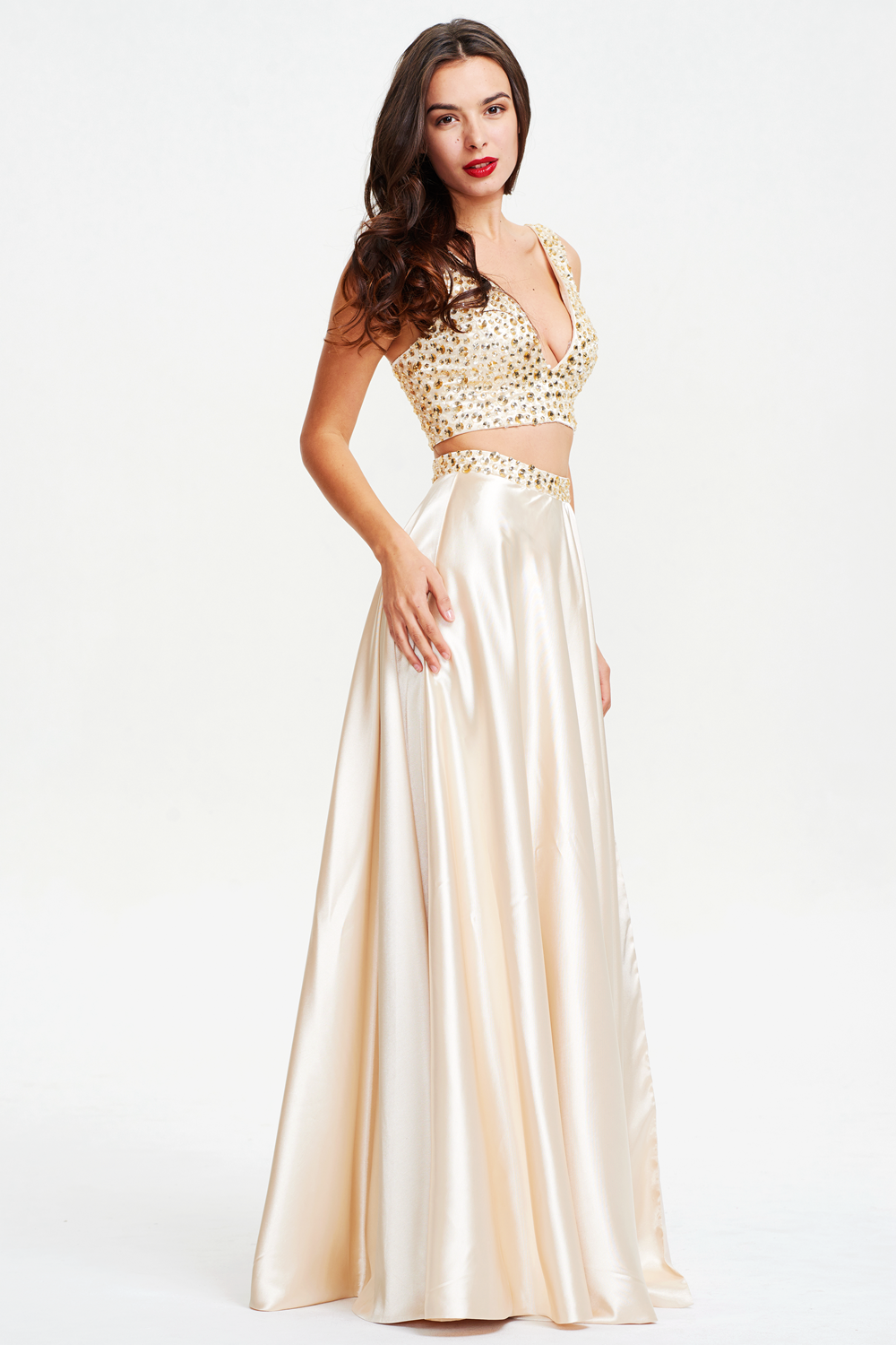 Two-Piece Beaded Stretch Satin A-Line Prom Dress with Slit