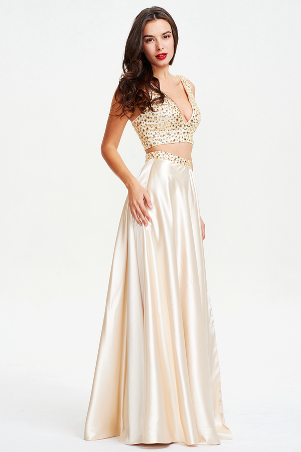 Champagne Two-Piece Beaded Stretch Satin A-Line Prom Dress with Slit