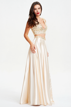 A-Line V-Neck Sleeveless Two Piece Slit Satin Long Prom Dresses