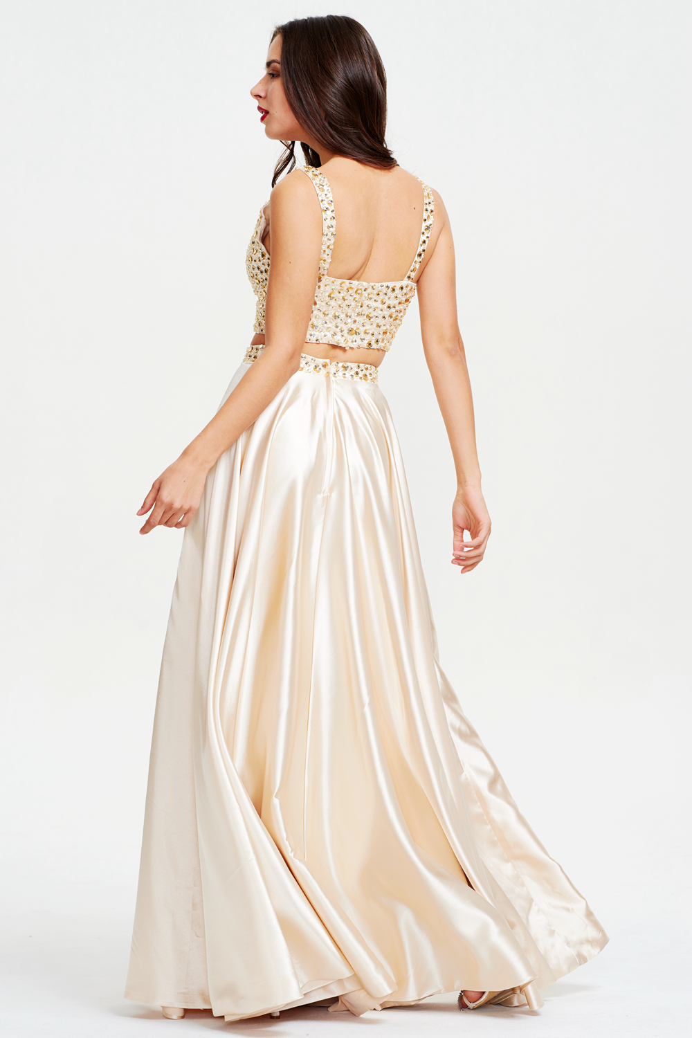 Two-Piece Beaded Stretch Satin A-Line Prom Dress with Slit