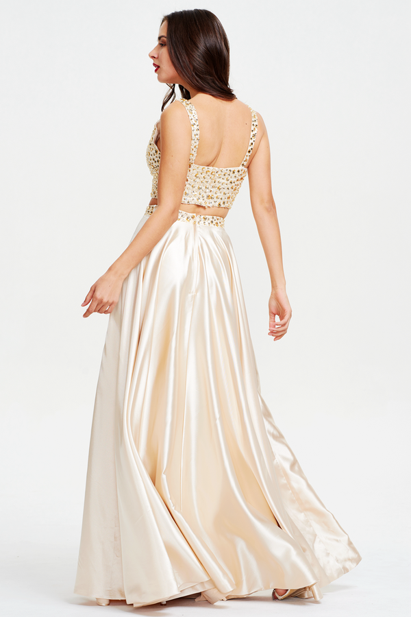 Champagne Two-Piece Beaded Stretch Satin A-Line Prom Dress with Slit