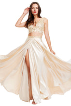 A-Line V-Neck Sleeveless Two Piece Slit Satin Long Prom Dresses