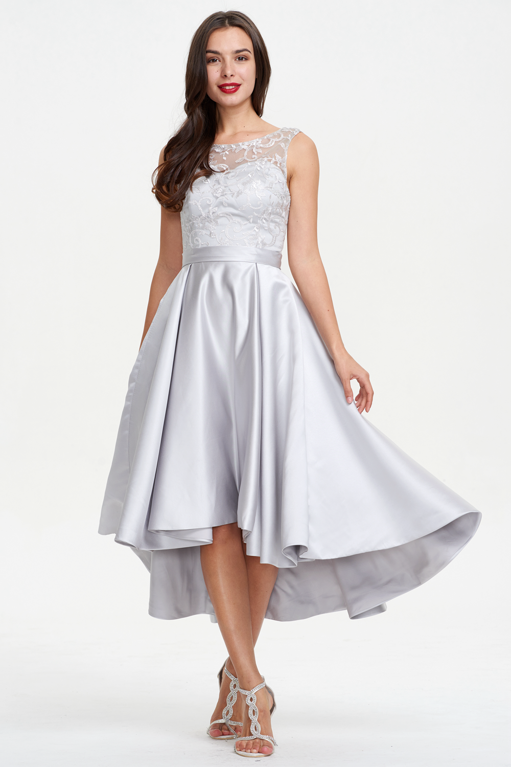 High-Low Satin Cocktail Dress with Lace Bodice, Pleats and Pockets