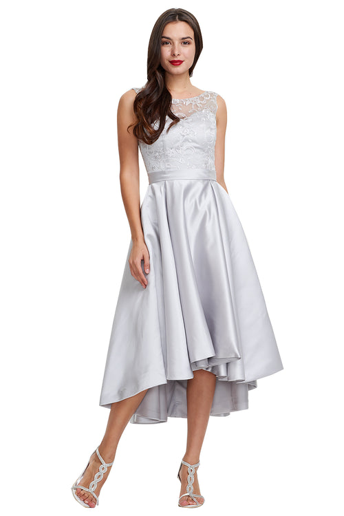 Silver High-Low Satin Cocktail Dress with Lace Bodice, Pleats and Pockets