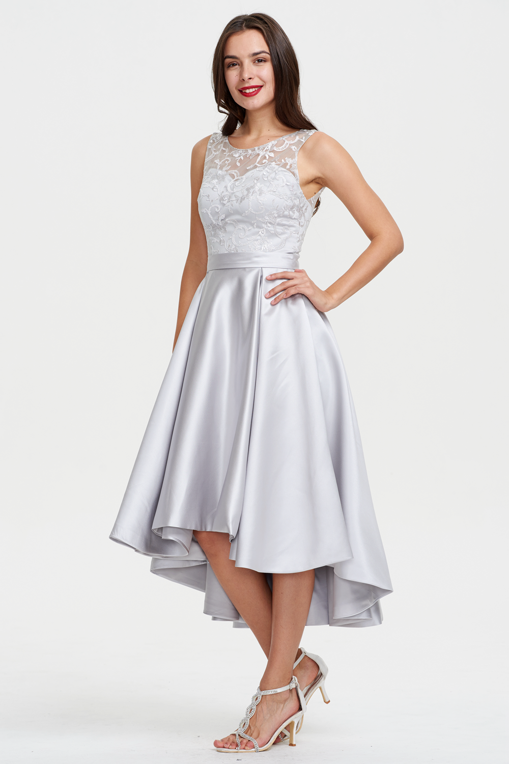 High-Low Satin Cocktail Dress with Lace Bodice, Pleats and Pockets