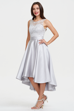 Silver High-Low Satin Cocktail Dress with Lace Bodice, Pleats and Pockets