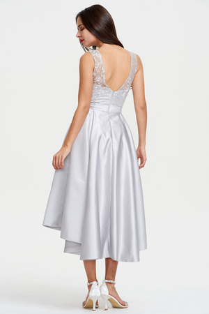 Silver High-Low Satin Cocktail Dress with Lace Bodice, Pleats and Pockets