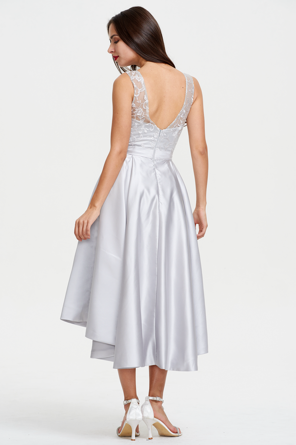 Silver High-Low Satin Cocktail Dress with Lace Bodice, Pleats and Pockets