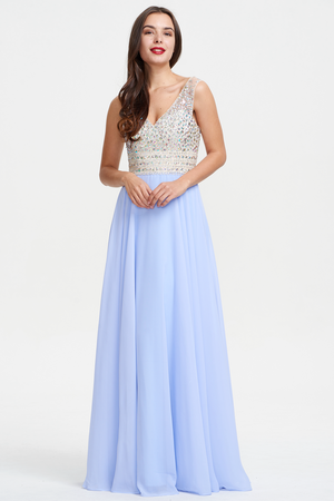 Ivory-Ice Blue Low-Back Beaded V-Neck Chiffon A-Line Prom Dress