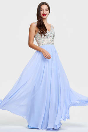 Ivory-Ice Blue Low-Back Beaded V-Neck Chiffon A-Line Prom Dress
