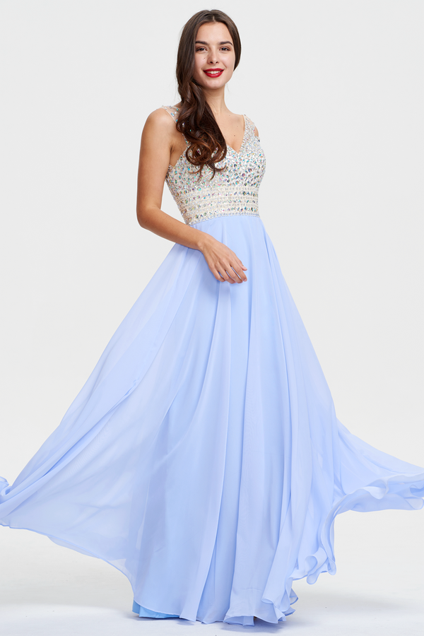 Ivory-Ice Blue Low-Back Beaded V-Neck Chiffon A-Line Prom Dress