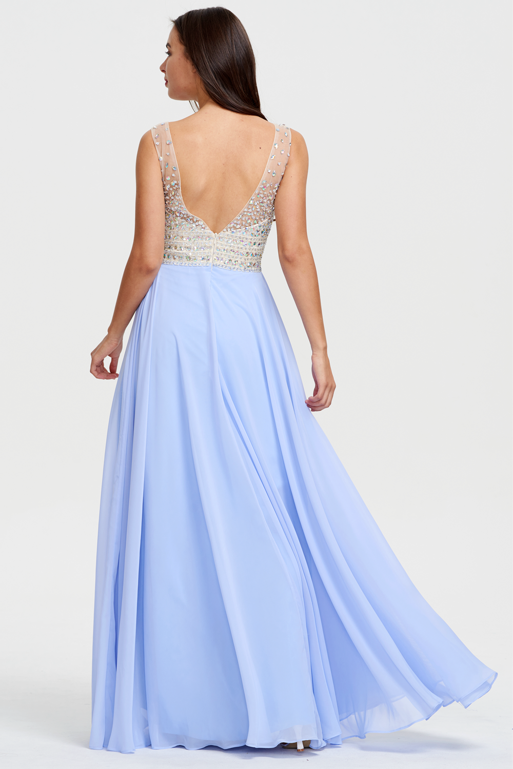 Low-Back Beaded V-Neck Chiffon A-Line Prom Dress
