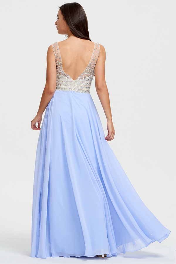 Ivory-Ice Blue Low-Back Beaded V-Neck Chiffon A-Line Prom Dress