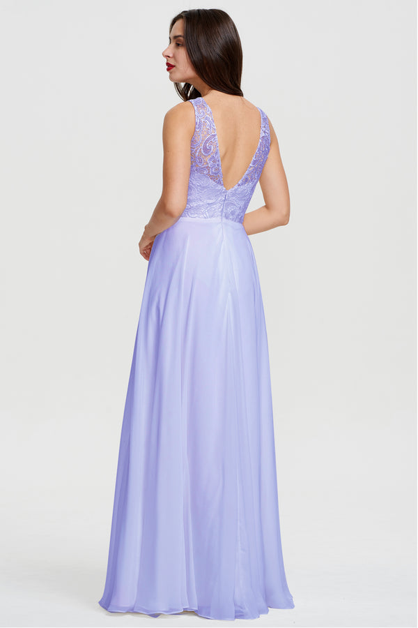 Lilac Lace and Chiffon A-Line Bridesmaid Dress with Illusion Neckline