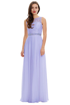 Lilac Lace and Chiffon A-Line Bridesmaid Dress with Illusion Neckline