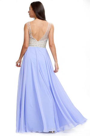 Ivory-Ice Blue Low-Back Beaded V-Neck Chiffon A-Line Prom Dress