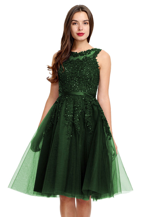 Illusion-Back Lace-Applique Tulle A-Line Homecoming Dress