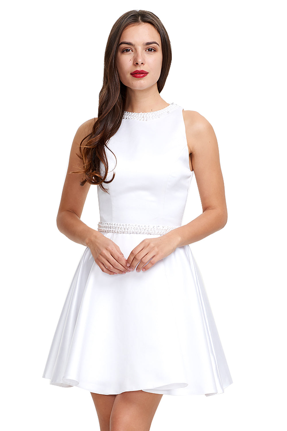 A-Line Scoop Neck Sleeveless Satin Homecoming Dresses with Beads Main image