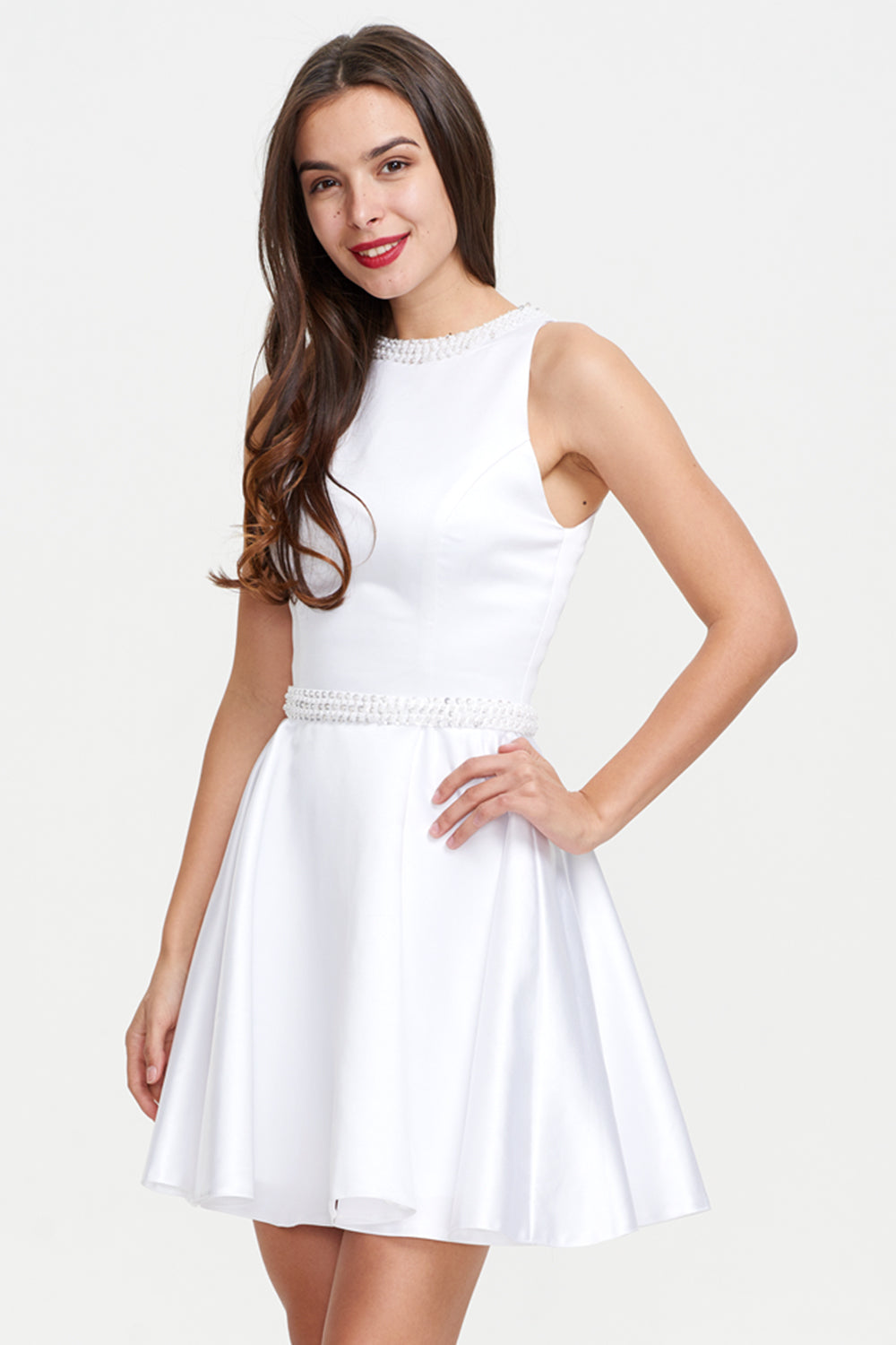 A-Line Scoop Neck Sleeveless Satin Homecoming Dresses with Beads Secondary image