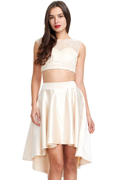 Ivory Two-Piece Lace and Satin High-Low Homecoming Dress