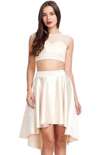 Scoop Neck Lace Appliques Two Piece High Low Satin Homecoming Dress