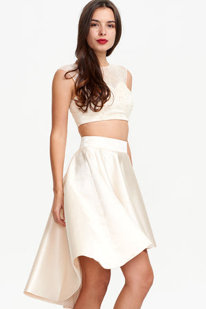 Ivory Two-Piece Lace and Satin High-Low Homecoming Dress