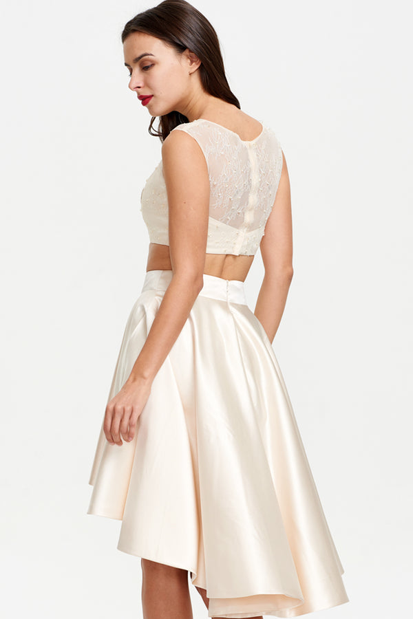Ivory Two-Piece Lace and Satin High-Low Homecoming Dress