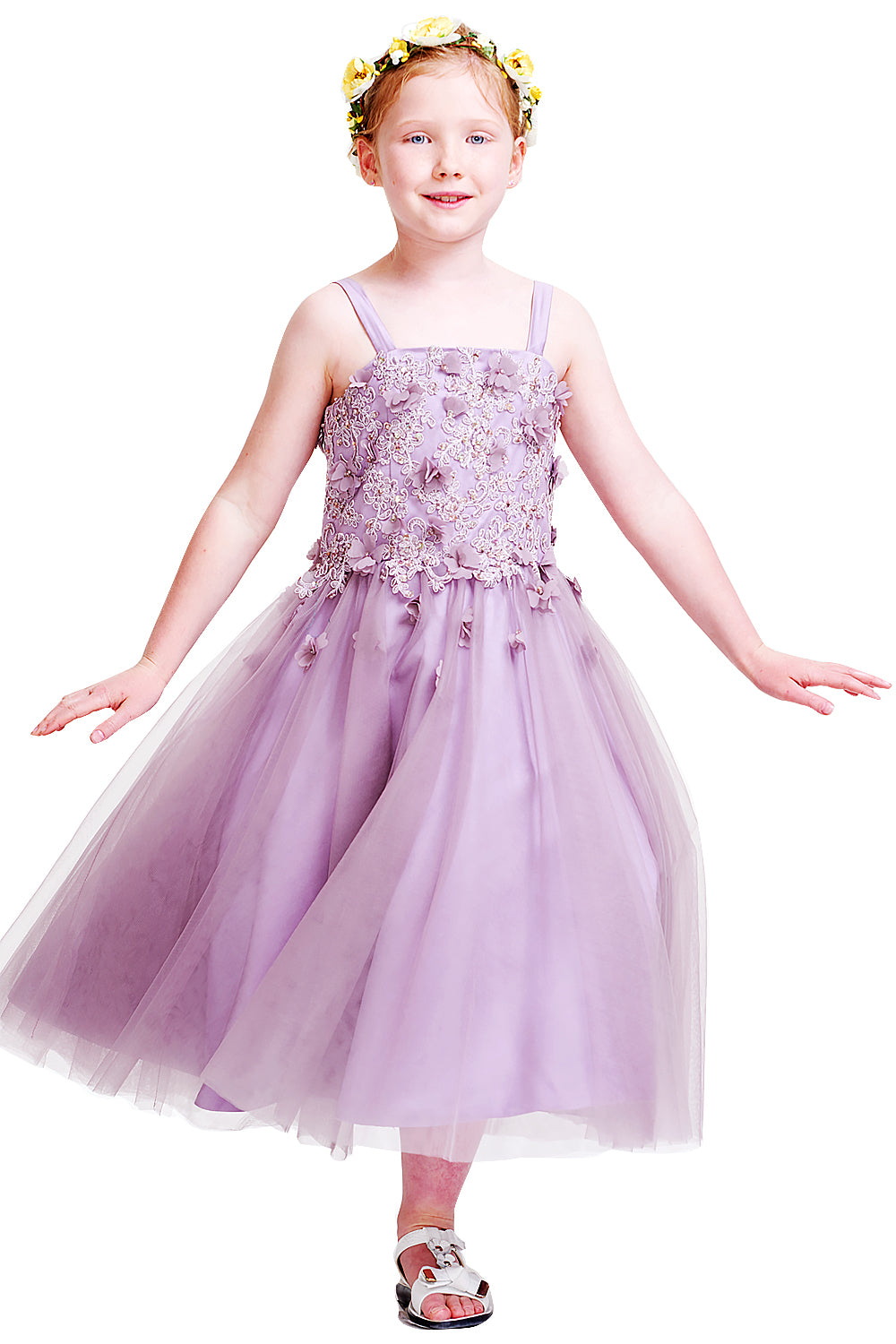 Square-Neck Tulle A-Line Flower Girl Dress with 3D Flowers