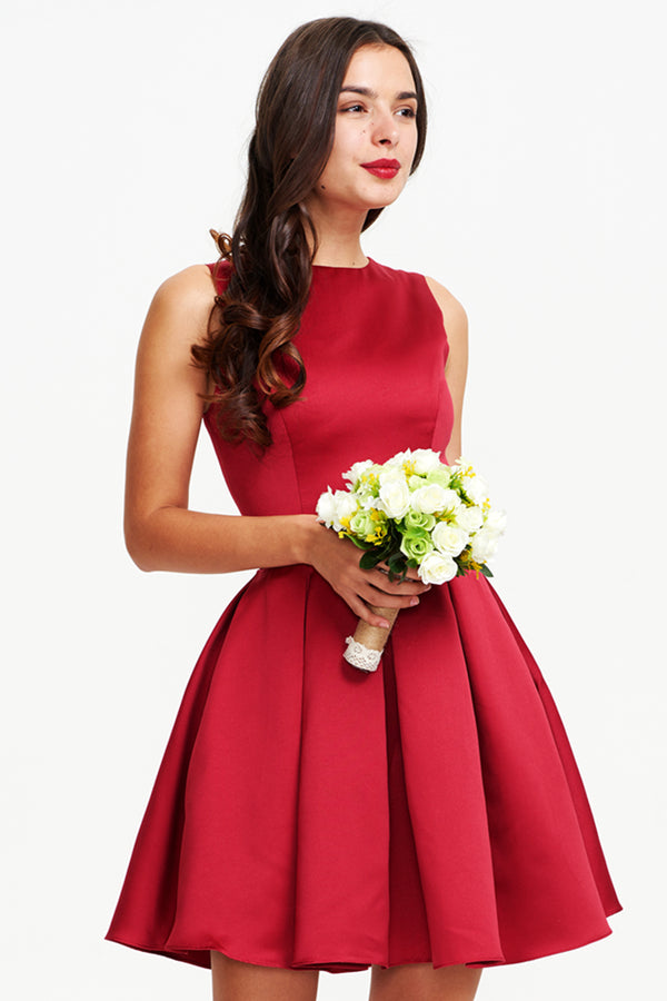 Ruby Red Short Pleated Satin A-Line Homecoming Dress with Waist Rosette