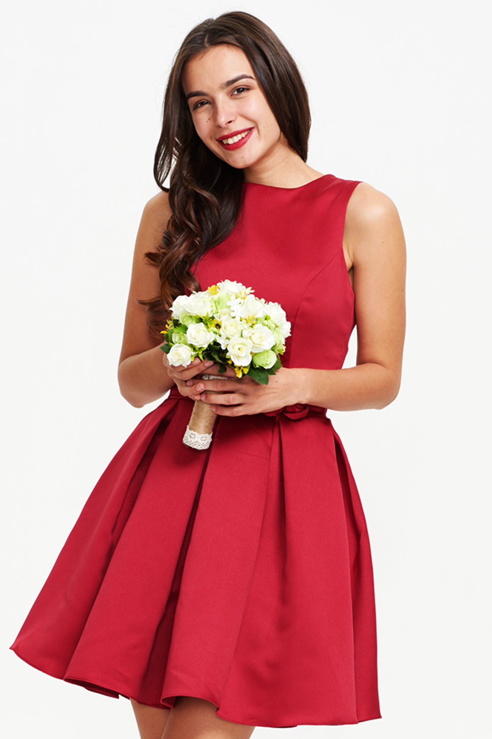 Short Pleated Satin A-Line Homecoming Dress with Waist Rosette