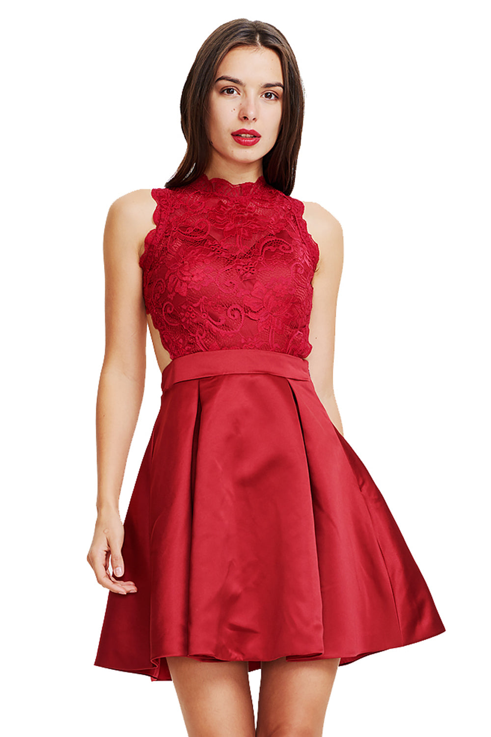Cutout-Back Pleated Lace and Satin A-Line Short Homecoming Dress
