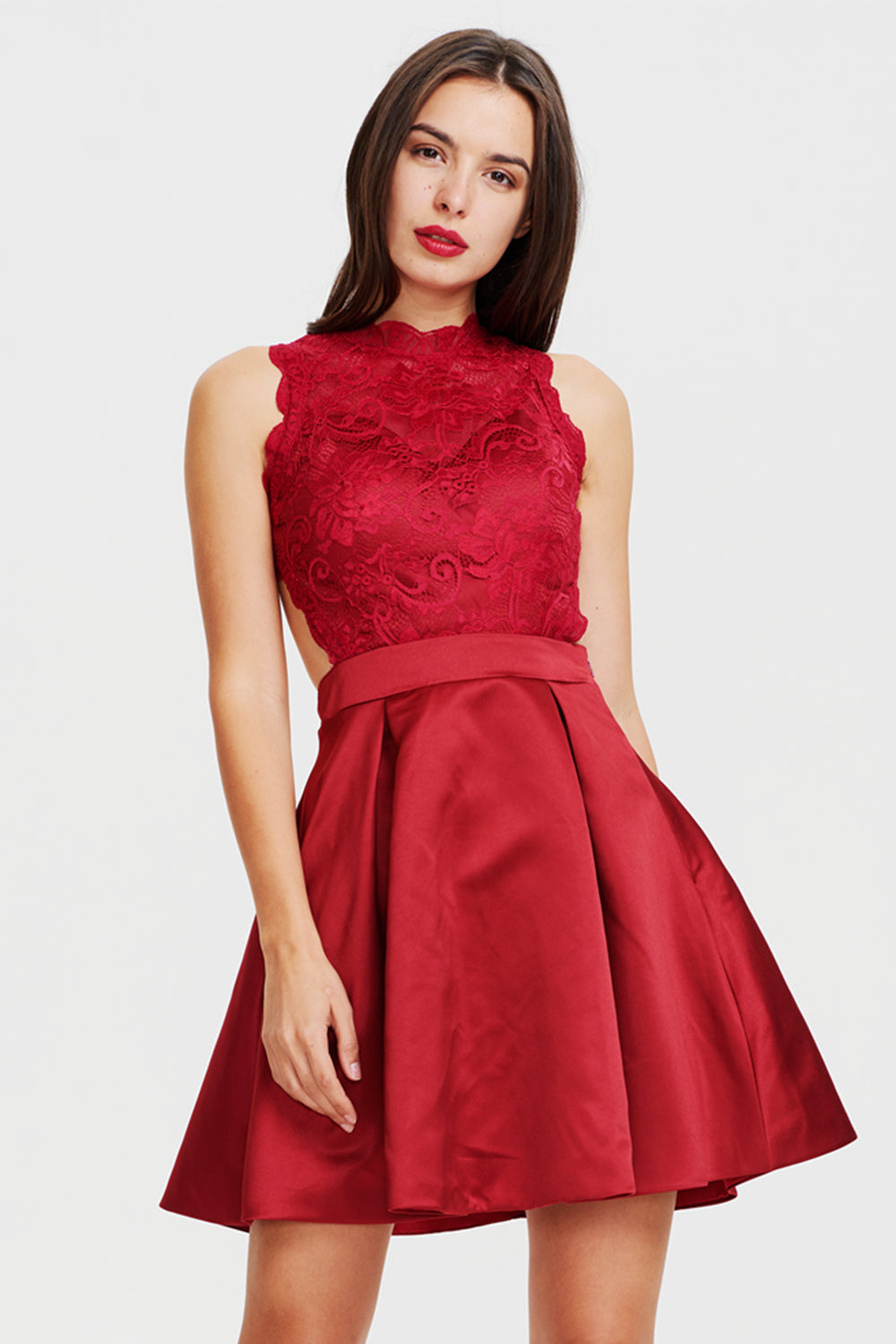 Cutout-Back Pleated Lace and Satin A-Line Short Homecoming Dress