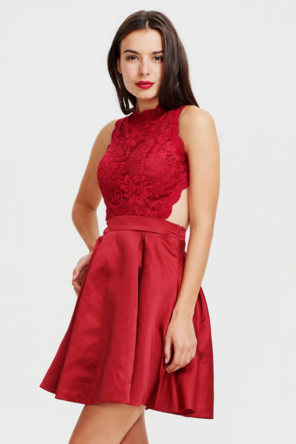 Ruby Red Cutout-Back Pleated Lace and Satin A-Line Short Homecoming Dress