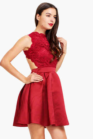 Ruby Red Cutout-Back Pleated Lace and Satin A-Line Short Homecoming Dress
