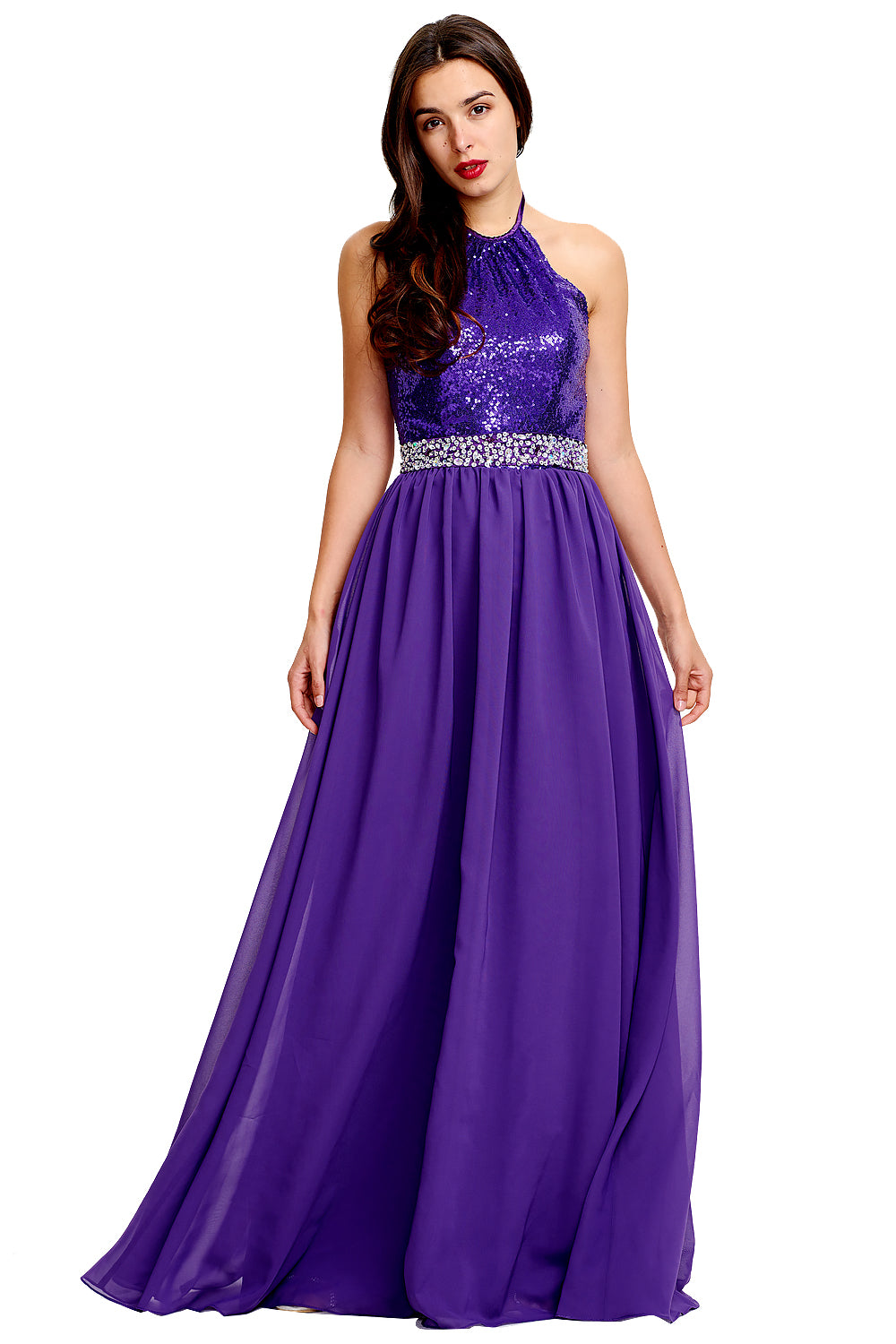 Open-Back Sequin and Chiffon Halter A-Line Prom Dress