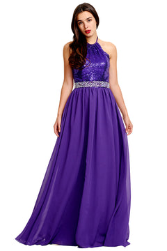 Amethyst Open-Back Sequin and Chiffon Halter A-Line Prom Dress