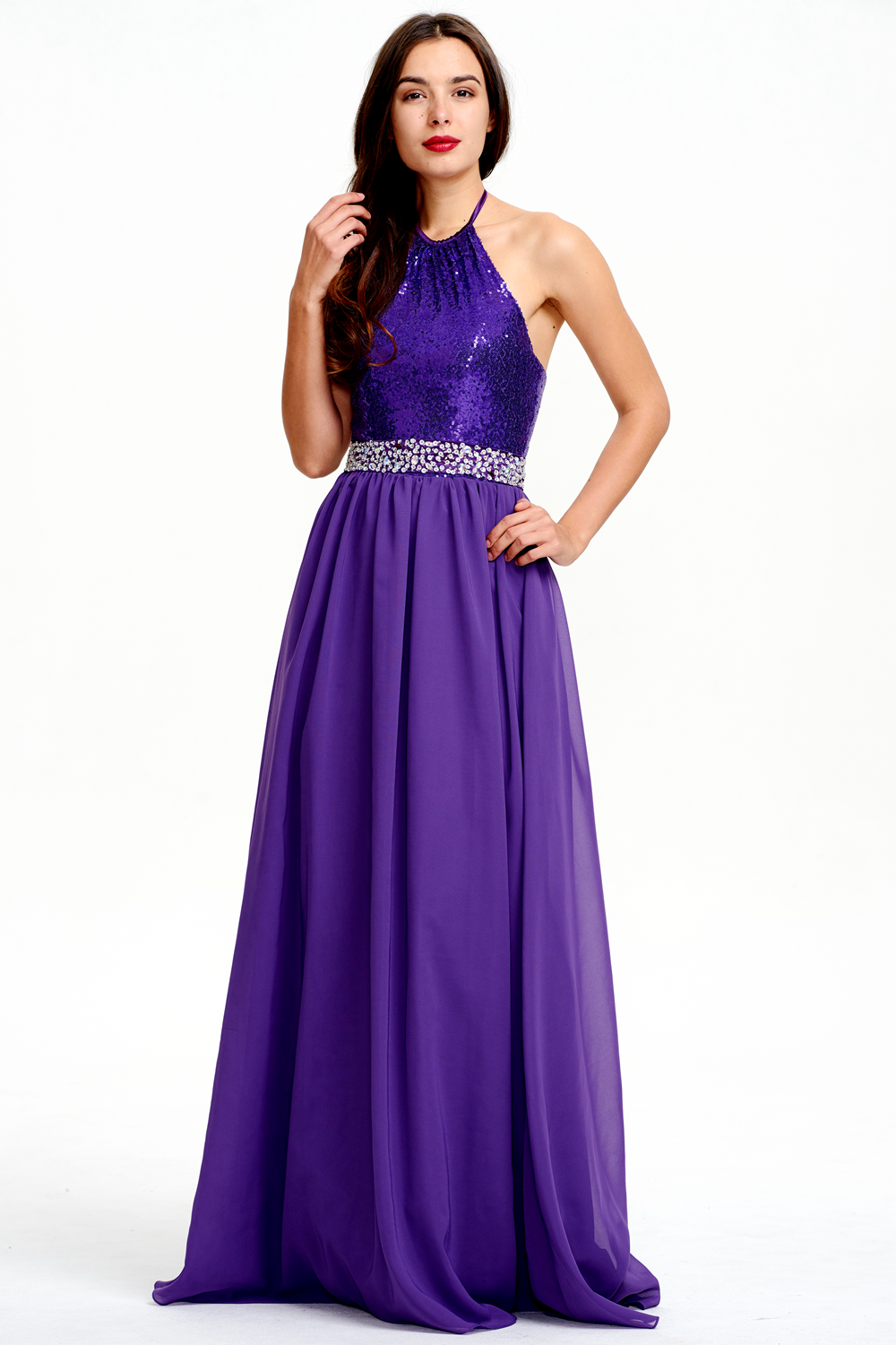 Open-Back Sequin and Chiffon Halter A-Line Prom Dress