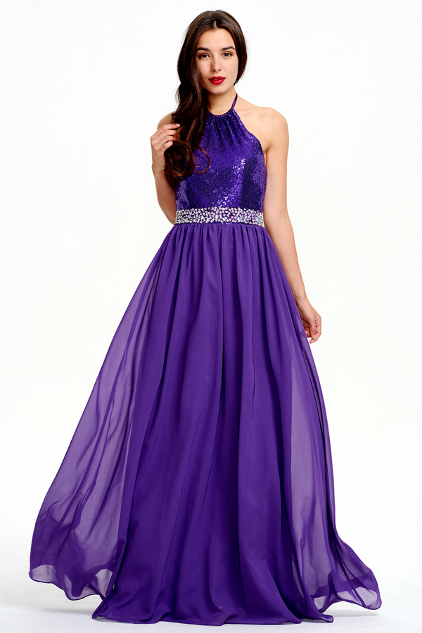 Amethyst Open-Back Sequin and Chiffon Halter A-Line Prom Dress